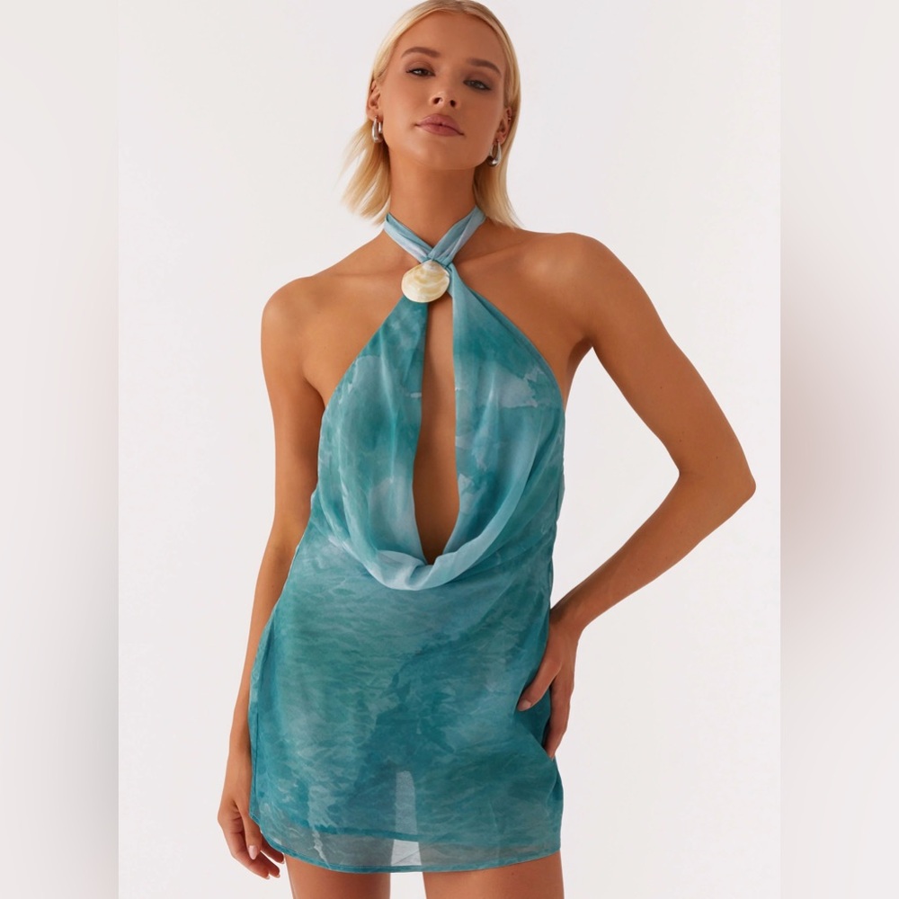 Peppermayo Teal Halter Mini Dress with Shell Accent